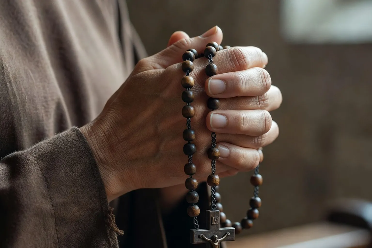 Mains jointes d'une religieuse tenant un chapelet en bois sombre, posture de prière silencieuse, lumière naturelle douce