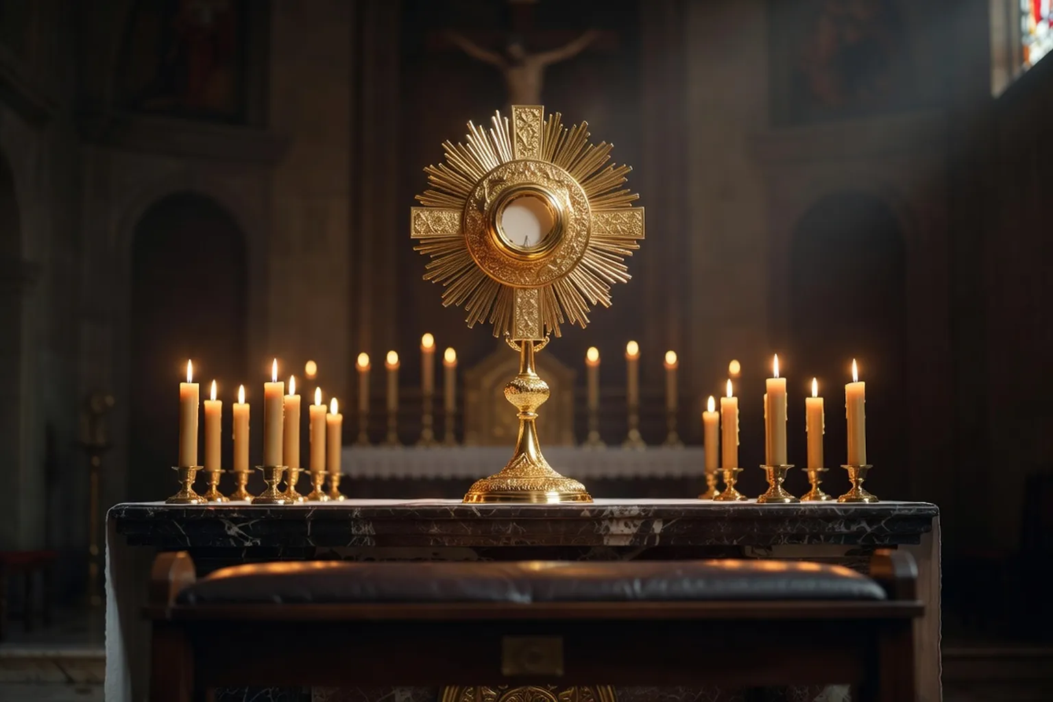 Ostensoir doré exposant l'hostie sur l'autel d'une chapelle d'adoration, multiples cierges allumés créant un halo de lumière, agenouilloir flou au premier plan