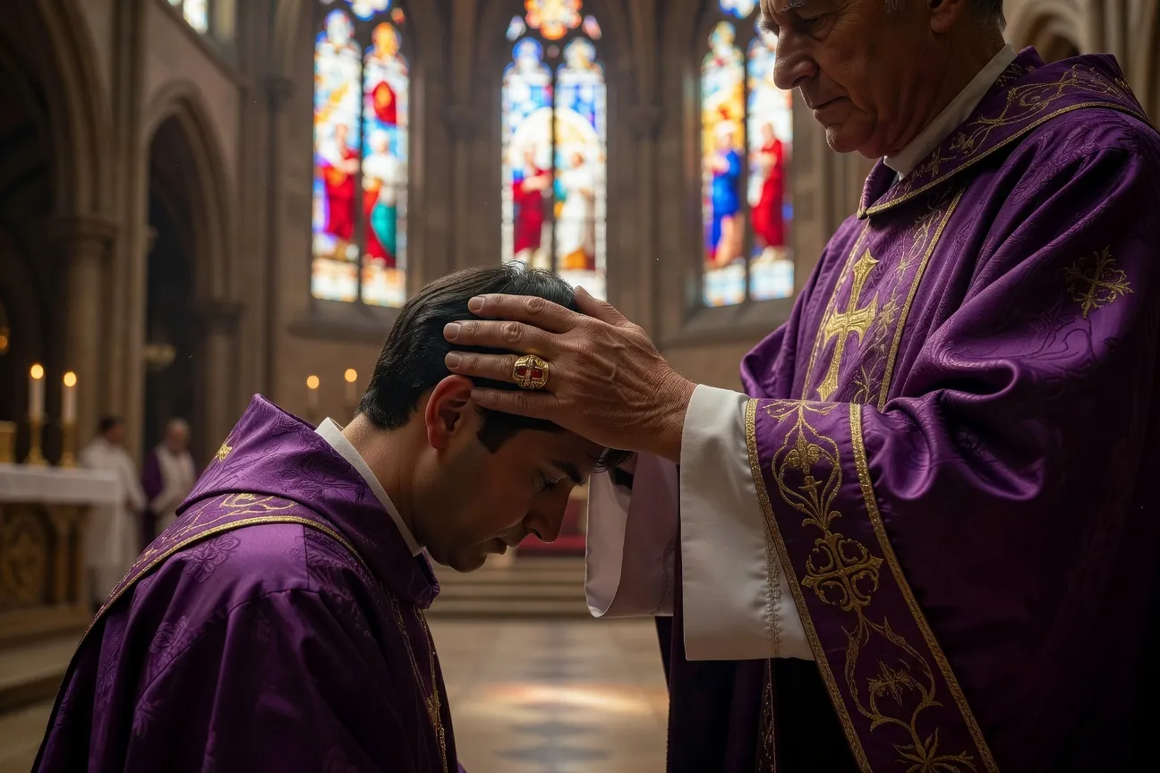 Évêque imposant les mains sur le front d'un confirmand, huile du chrême — geste solennel dans une cathédrale