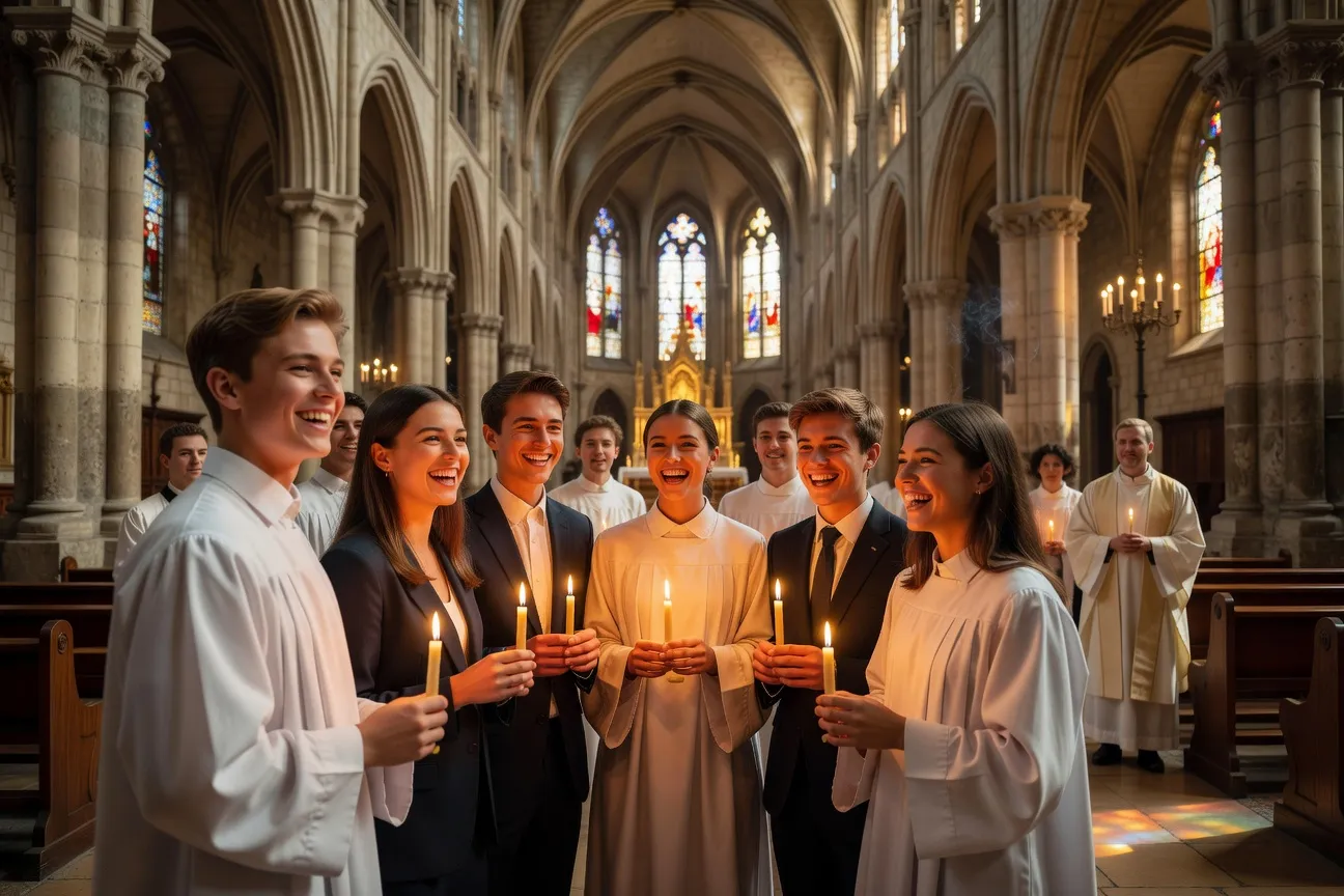 Groupe de jeunes confirmands réunis en cercle pour une séance de préparation à la confirmation — atmosphère chaleureuse
