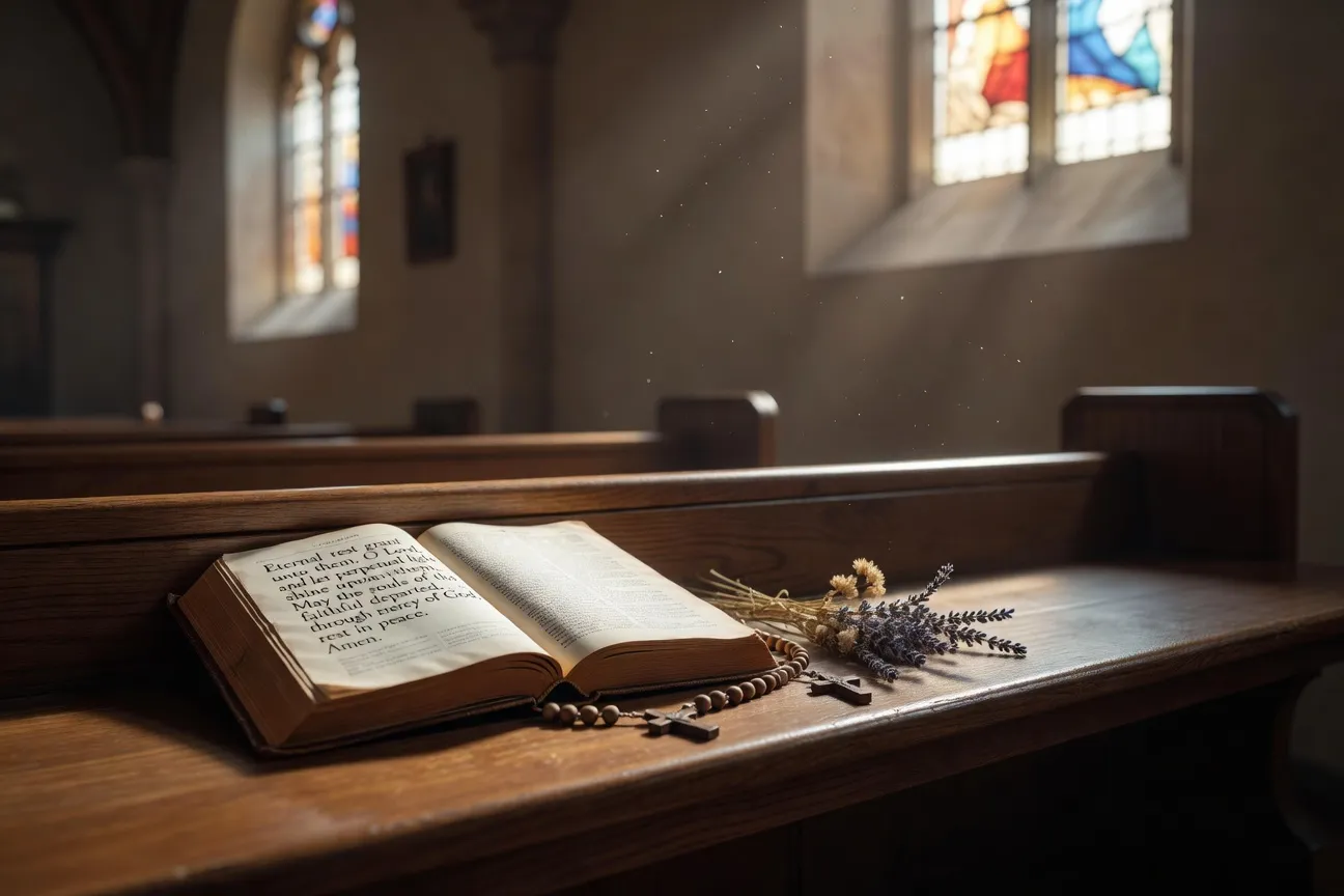 Main posée sur un missel ouvert à la prière des défunts — contexte de recueillement