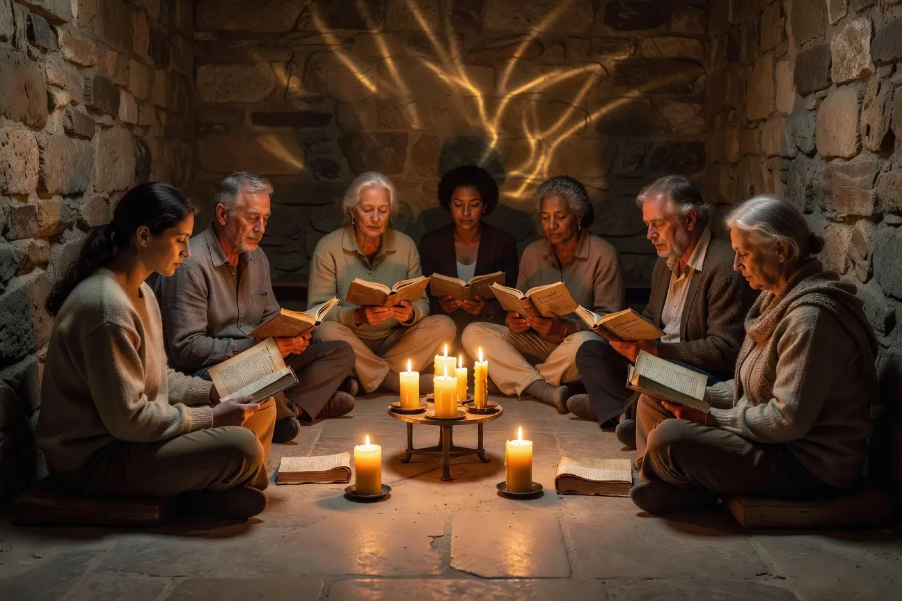 Groupe de laïcs en cercle priant ensemble les vêpres dans une chapelle — lumière dorée