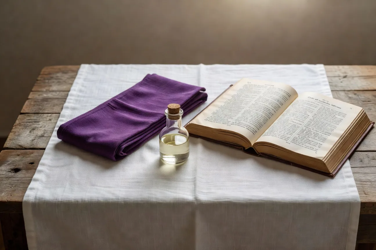 Flacon d'huile des malades et étole violette posés sur un missel ouvert — lumière douce