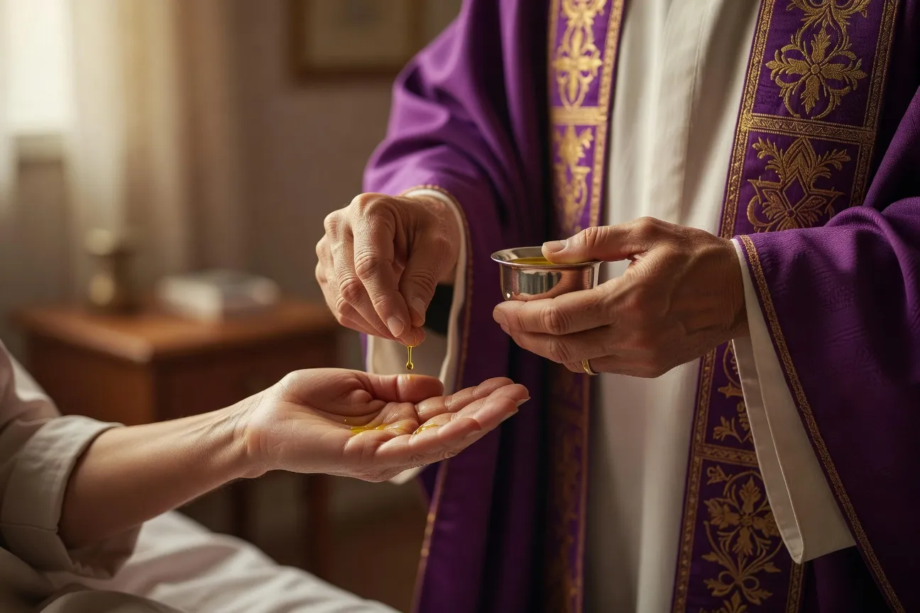 Prêtre oignant le front d'un malade alité avec de l'huile sainte — chambre d'hôpital lumineuse