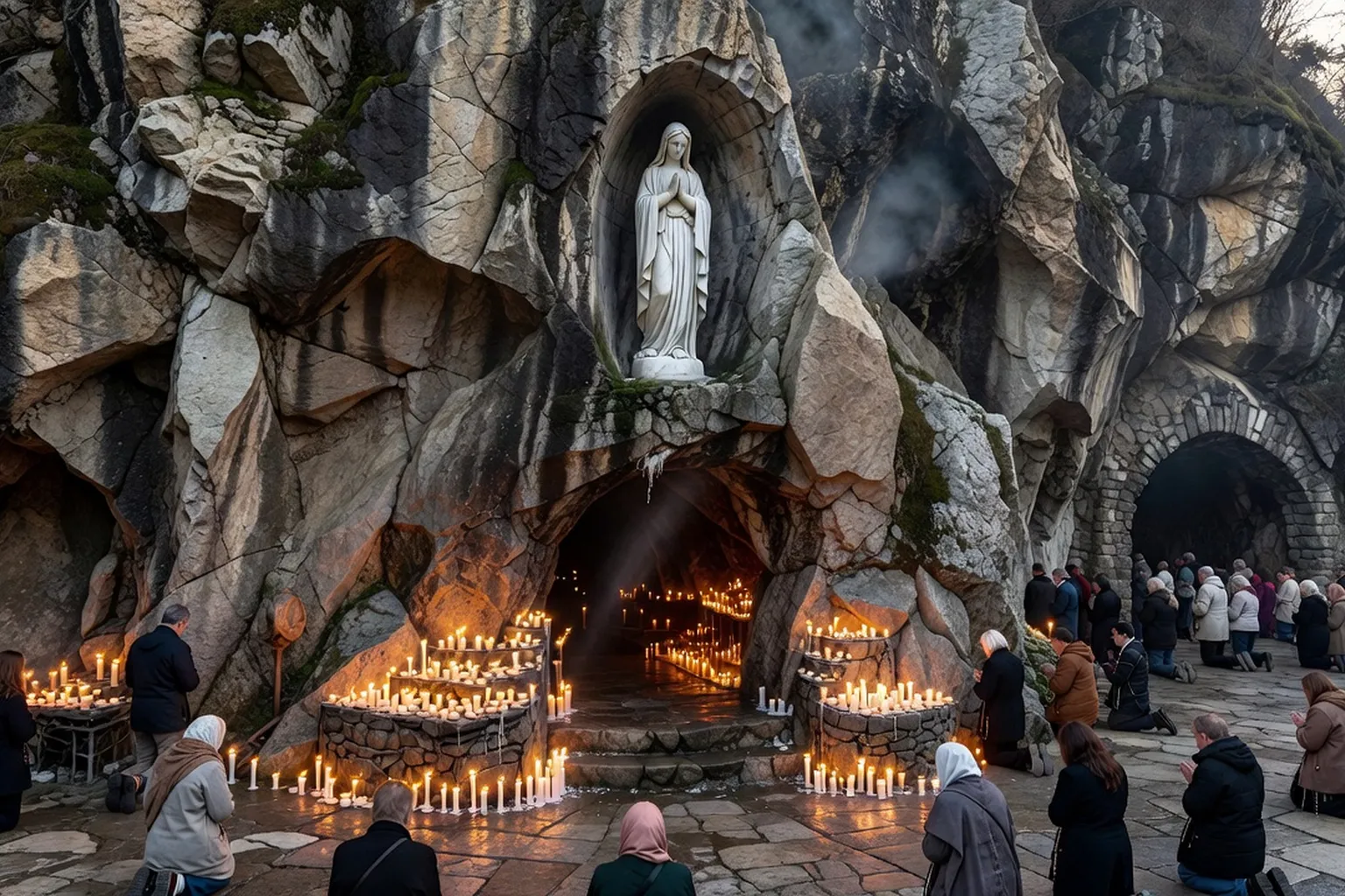 Grotte de Massabielle à Lourdes avec statue de la Vierge, cierges votifs et fidèles en prière, atmosphère de devotion
