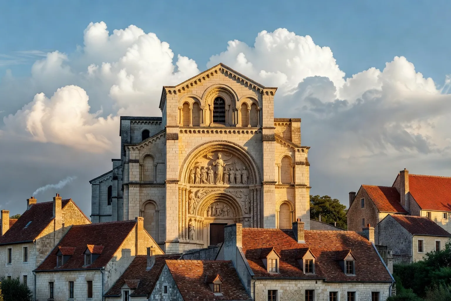 Basilique Sainte-Madeleine de Vézelay, façade romane sous un ciel d'été, étape jacquaire
