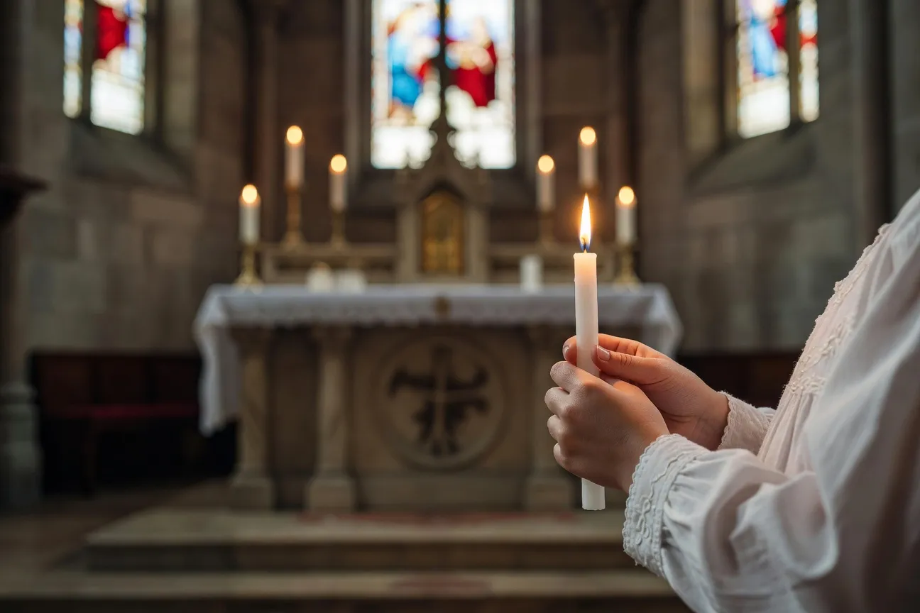 Enfant en robe blanche tenant un cierge allumé lors de la première communion — nef d'église