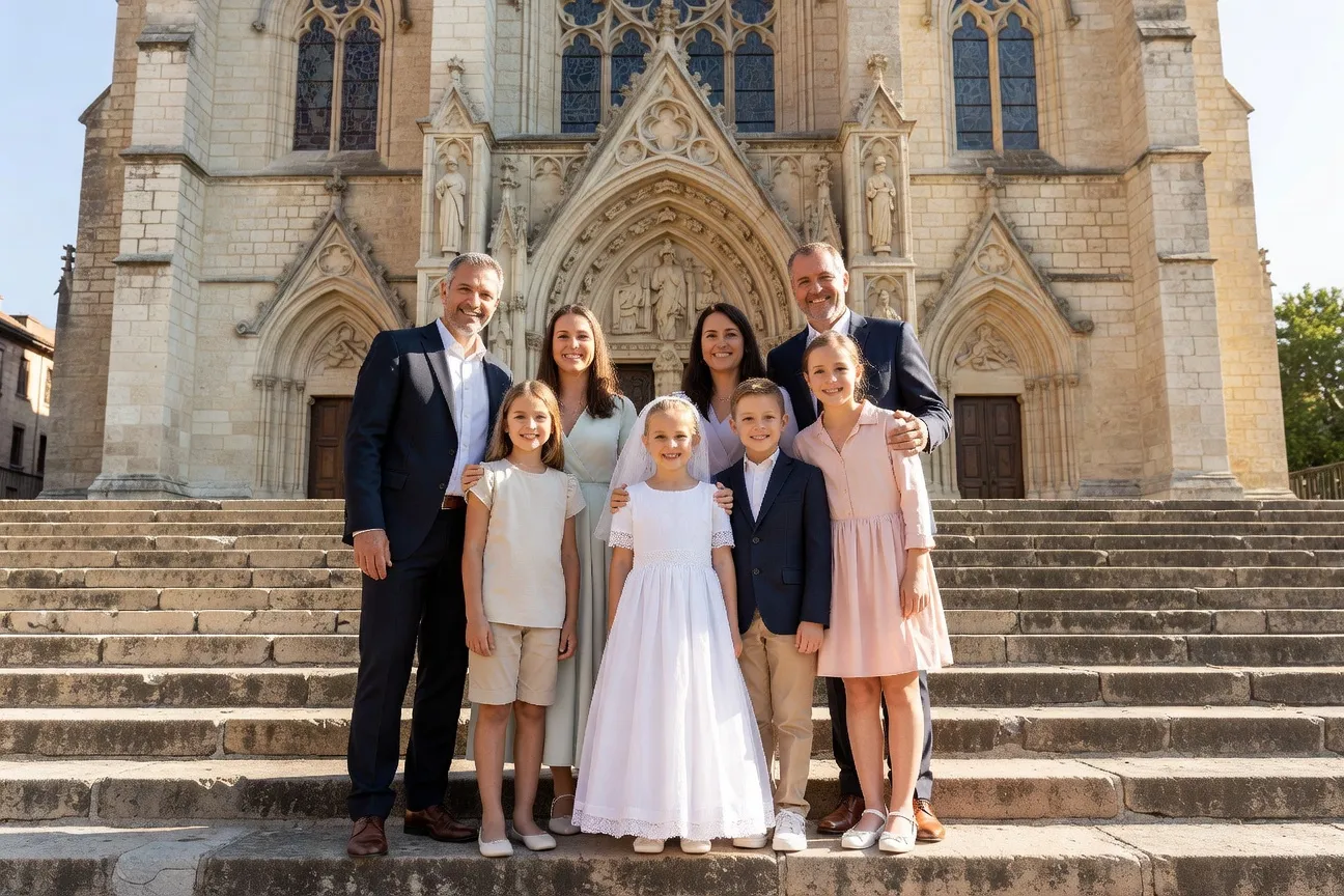 Famille réunie autour de l'enfant après la cérémonie de première communion — parvis d'église