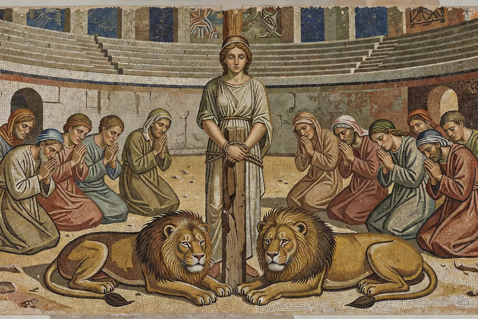 Mosaïque ancienne représentant sainte Blandine attachée à un pilier dans l'amphithéâtre des Trois Gaules, lions à ses pieds ne l'attaquant pas, palme du martyre — style archéologique