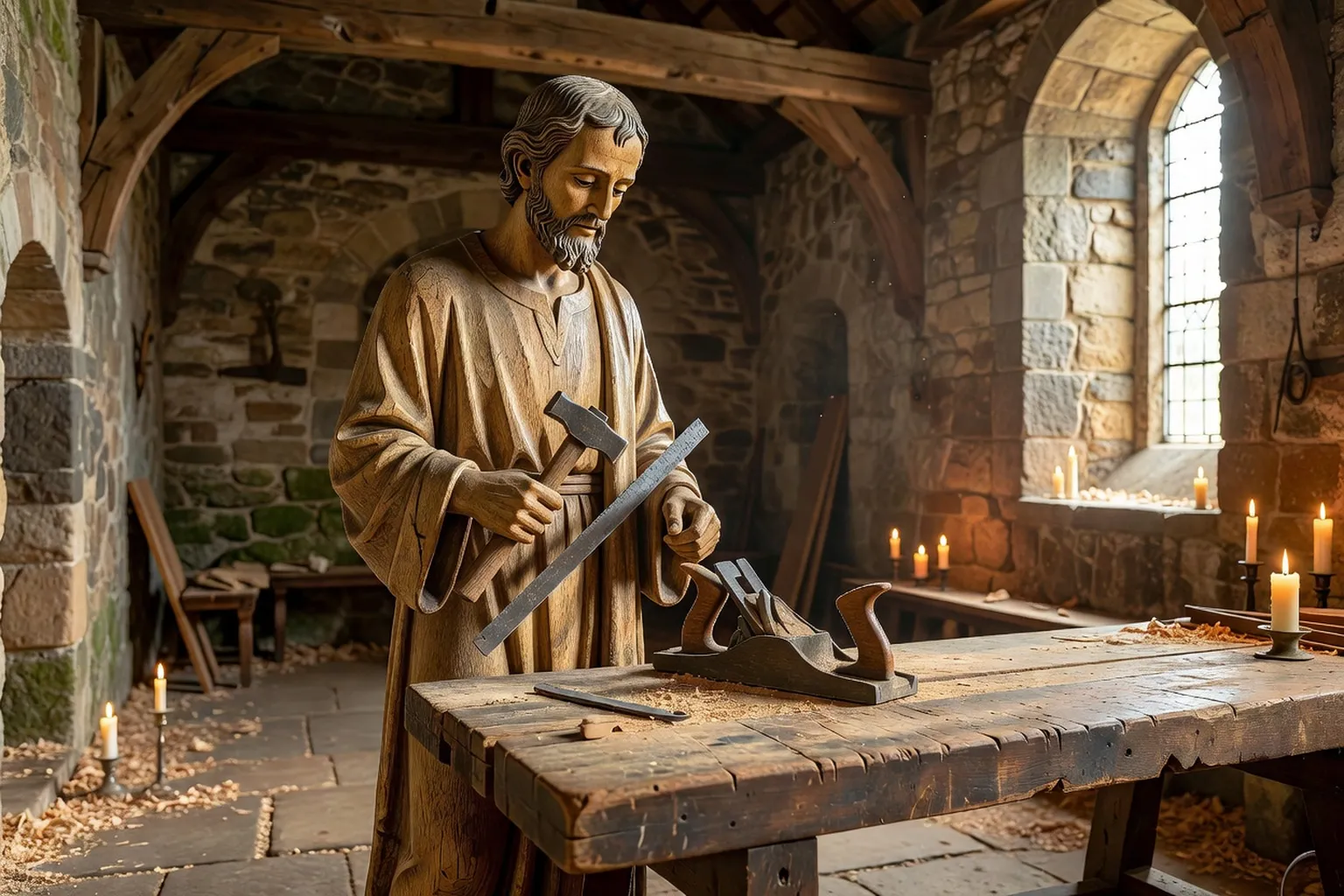 Statue de saint Joseph charpentier avec ses outils (varlope, équerre) dans une chapelle artisanale, lumière de fin d'après-midi