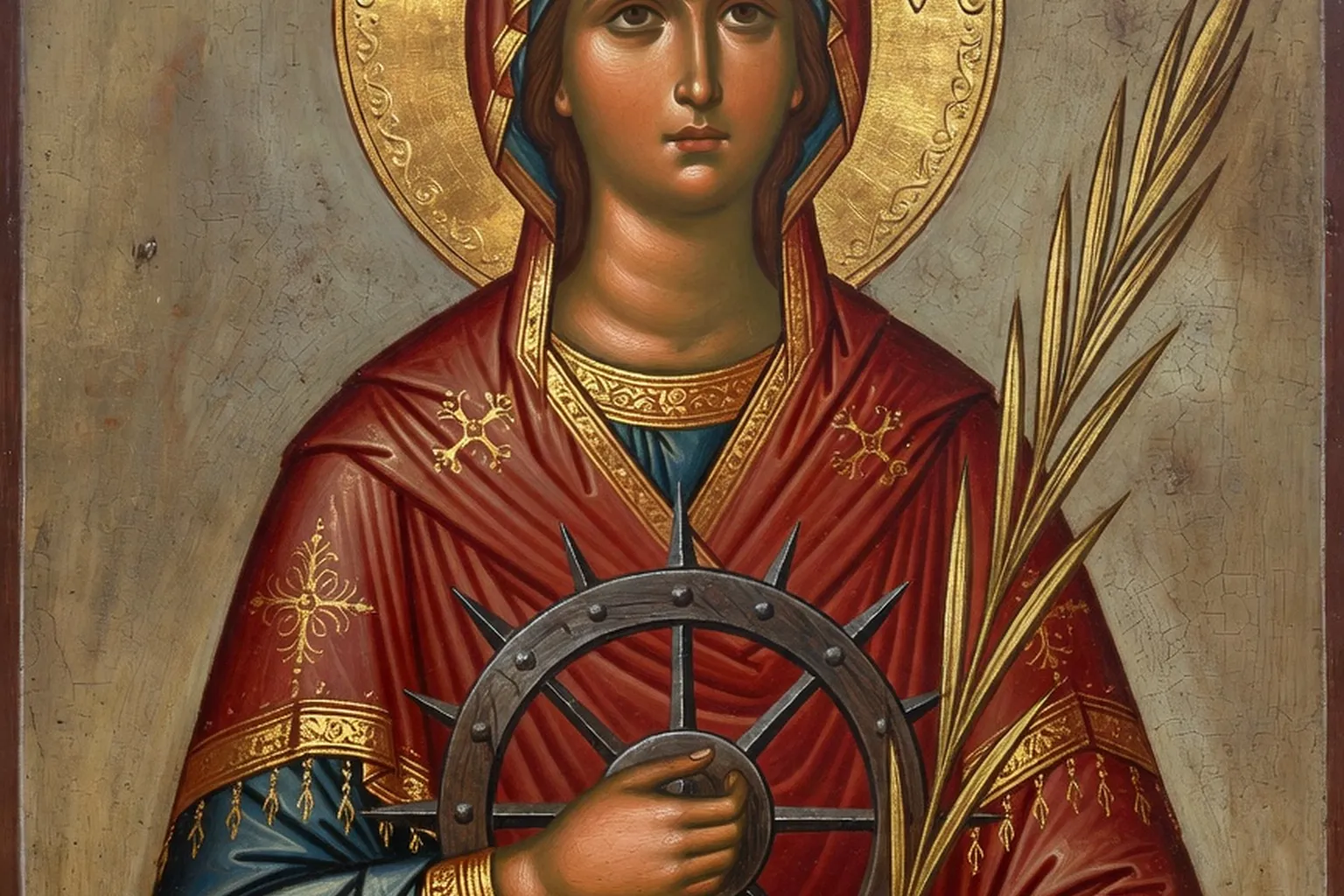 Icône traditionnelle de sainte Catherine d'Alexandrie tenant la roue et la palme du martyre, halo doré, style byzantin