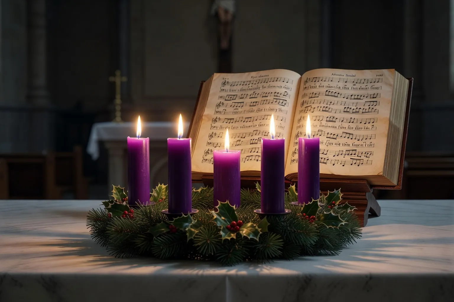 Couronne de l'Avent à quatre bougies dans une église catholique, deux allumées, atmosphère de prière vespérale
