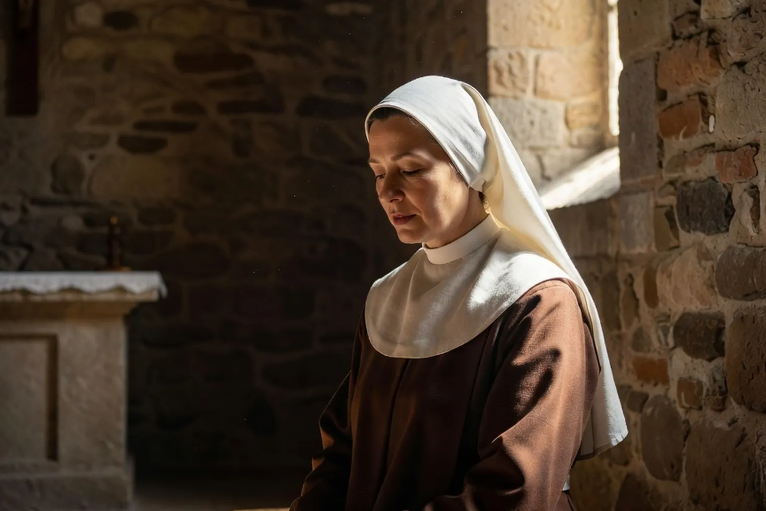 Portrait de Sœur Marie-Bénédicte Lecoq, moniale clarisse à Annecy, en habit religieux brun et voile blanc, lumière contemplative dans la chapelle du monastère