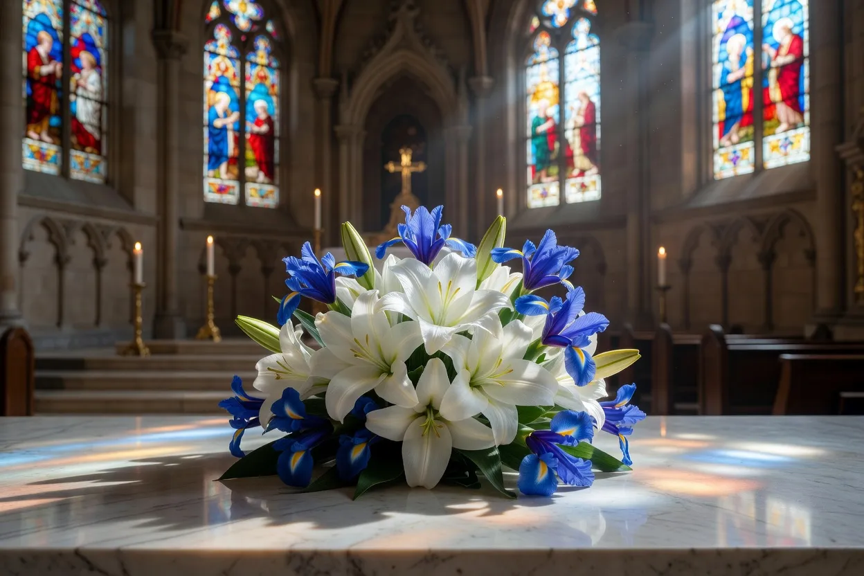 Bouquet de fleurs blanches et bleues béni à l'occasion de l'Assomption, dans une église lumineuse