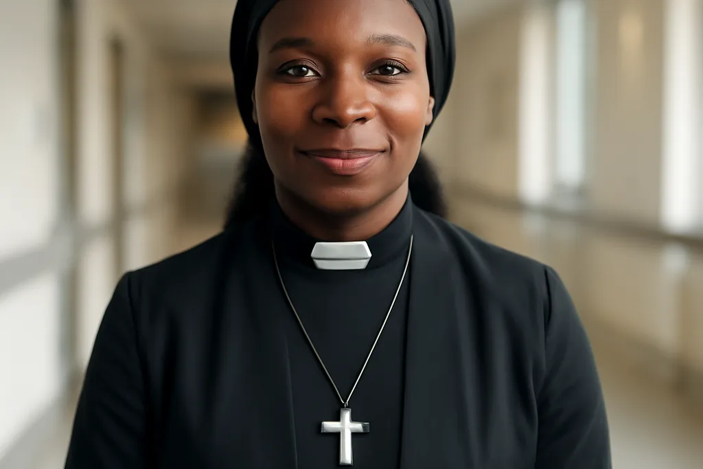 Portrait d'une aumônière catholique dans un couloir d'hôpital, regard bienveillant