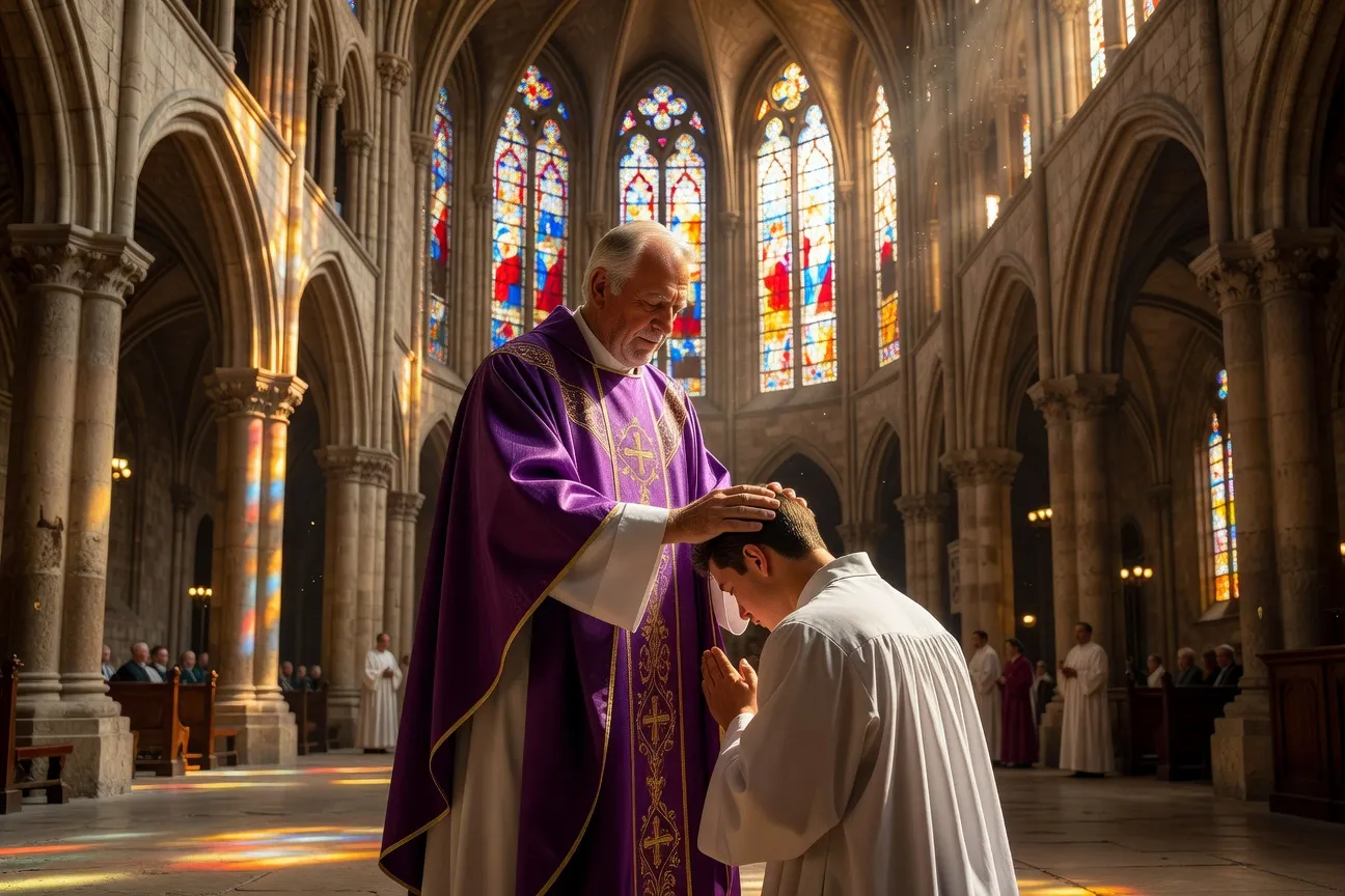 Évêque en vêtements liturgiques violets imposant les mains lors d'une cérémonie de confirmation dans une cathédrale