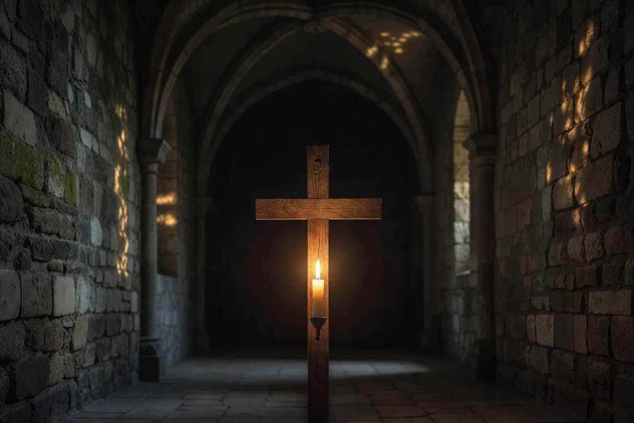 Cierge allumé devant un crucifix dans une chapelle ardente, lumière tamisée et atmosphère de recueillement