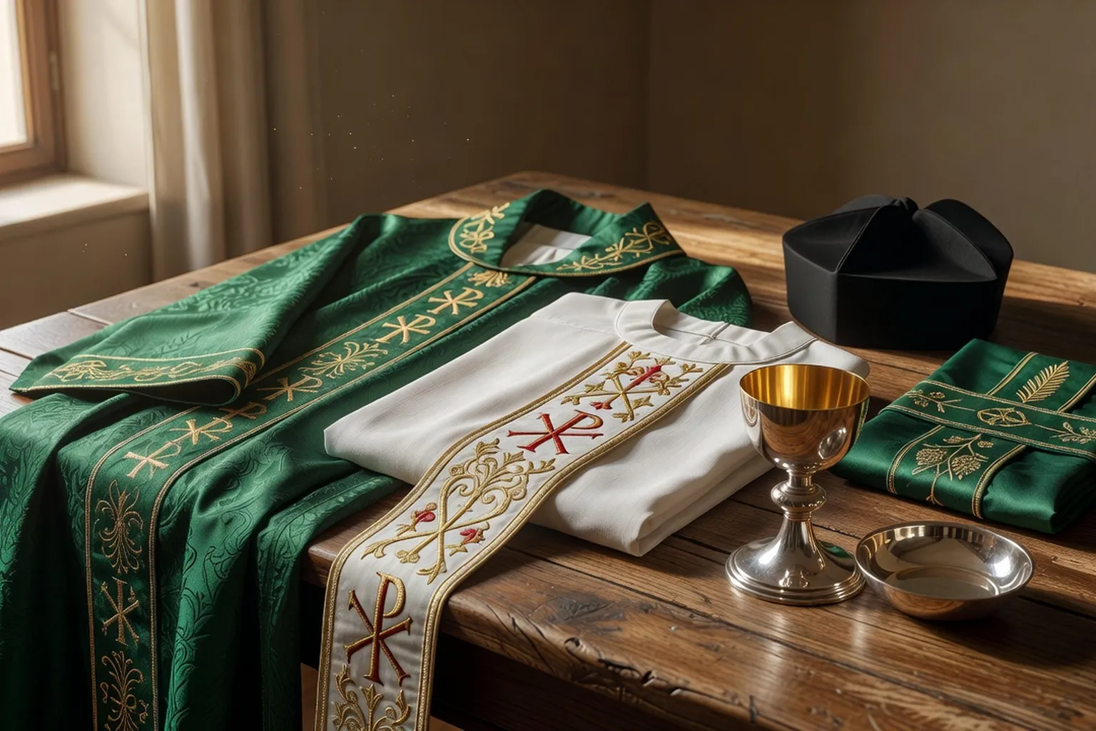Vêtements liturgiques catholiques disposés sur une table de sacristie : chasuble verte, étole, aube blanche, manipule — préparation à la messe
