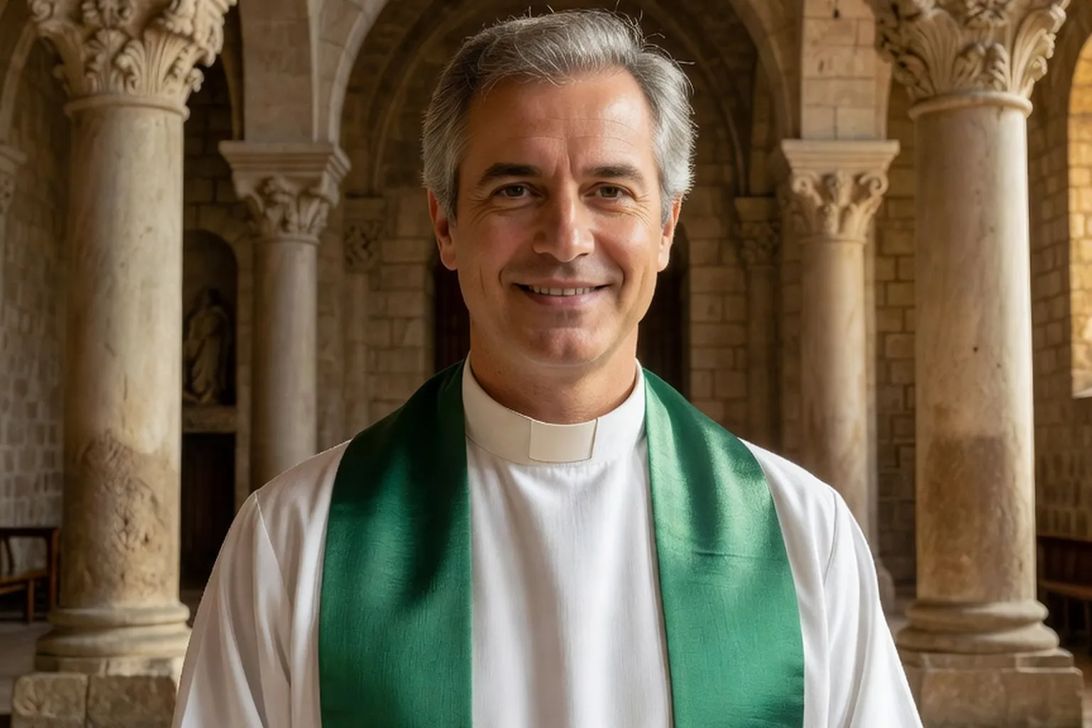 Portrait du Père Jean-Baptiste Vasseur, curé paroissial de Lyon, dans son église, vêtu d'une étole verte du Temps ordinaire — lumière douce, regard bienveillant