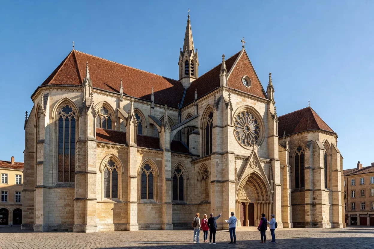 Vue extérieure d'une église historique de Lyon sous un ciel bleu