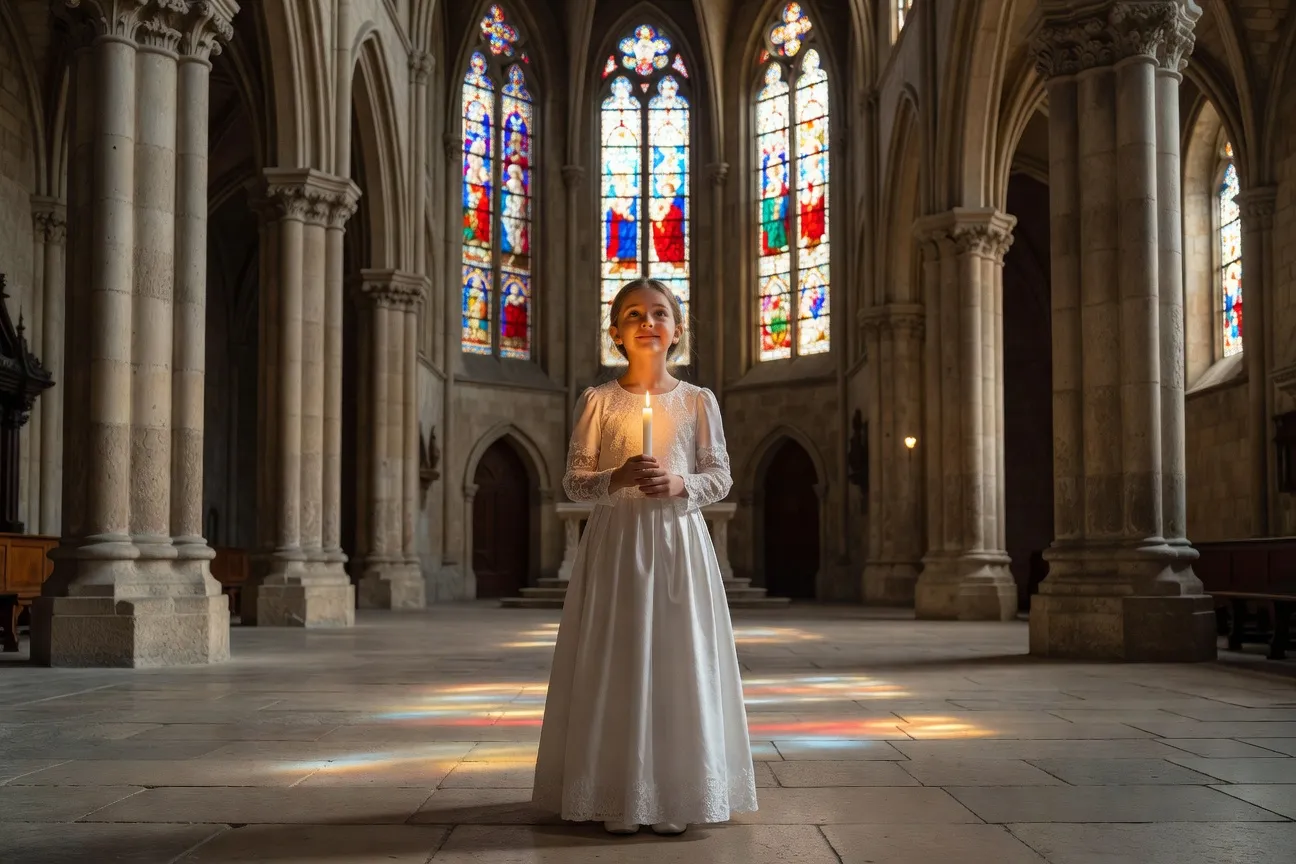 Enfant en robe blanche tenant un cierge allumé lors de la première communion dans une église catholique