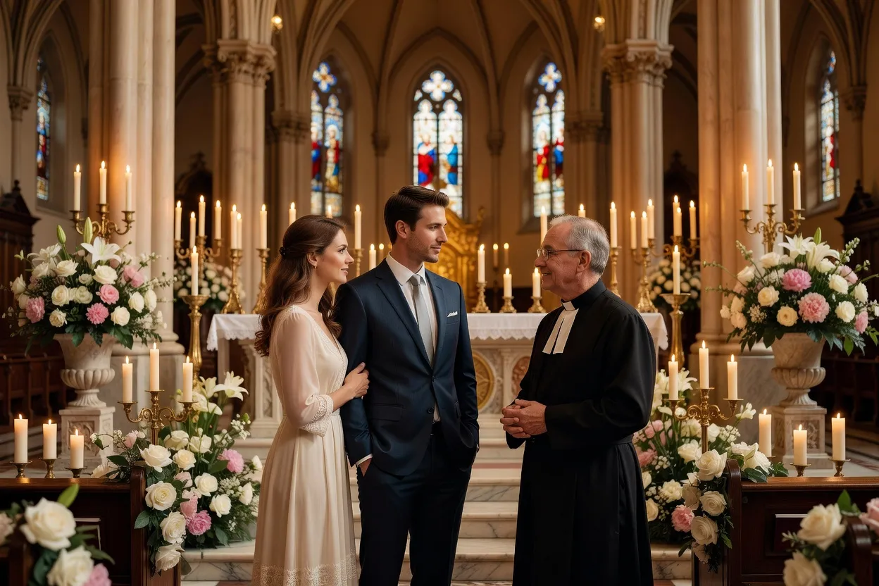 Couple de fiancés dans une église catholique en discussion avec un prêtre, ambiance chaleureuse