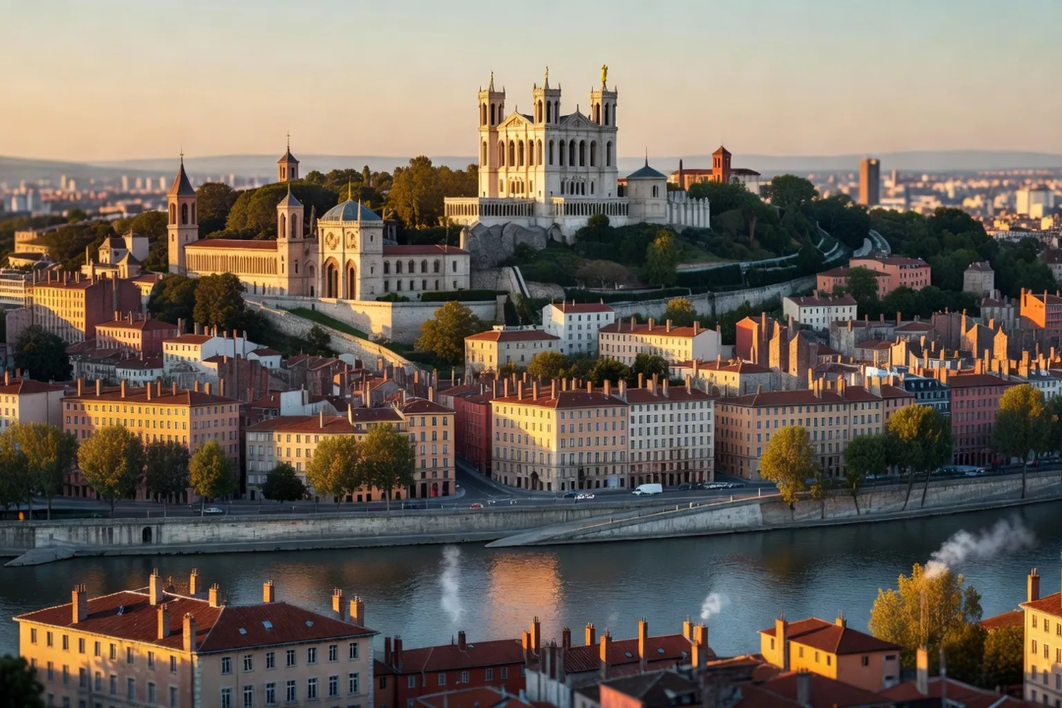 Vue du quartier de Fourvière à Lyon avec la basilique sur la colline, fleuves Rhône et Saône en contrebas — berceau spirituel lyonnais
