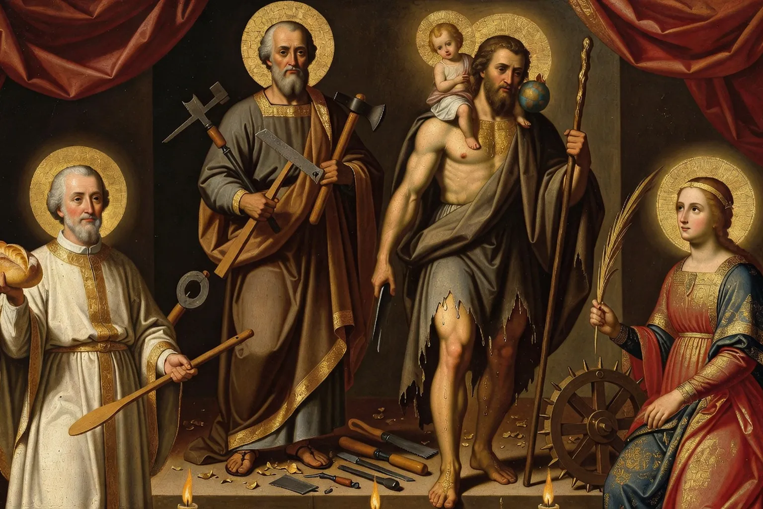 Tableau d'autel votif présentant plusieurs saints patrons des métiers (saint Joseph charpentier, saint Honoré boulanger, saint Christophe voyageur) dans un style hagiographique traditionnel