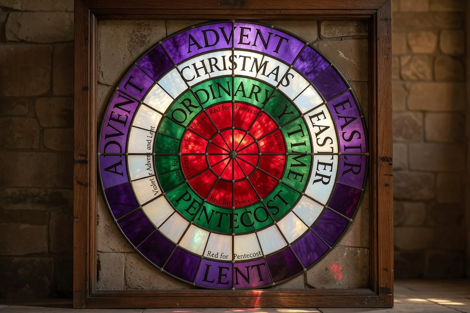 Roue liturgique catholique colorée avec les 5 temps de l'année (violet Avent, blanc Noël, violet Carême, blanc Pâques, vert Temps ordinaire) — synthèse visuelle
