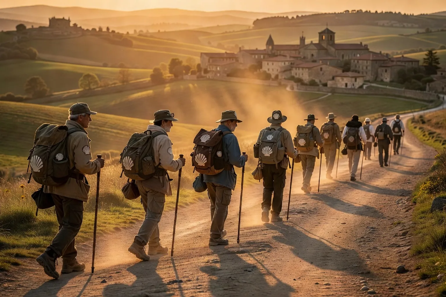 Pèlerins en marche sur le chemin de Compostelle sur fond de paysage français, sac à dos et coquille Saint-Jacques