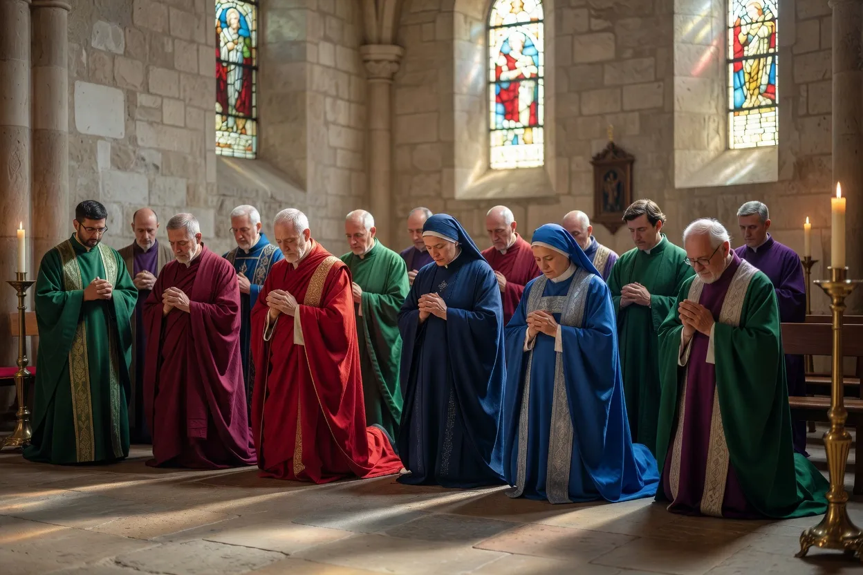 Groupe de religieux et religieuses en prière dans une chapelle, lumière douce sur la pierre claire