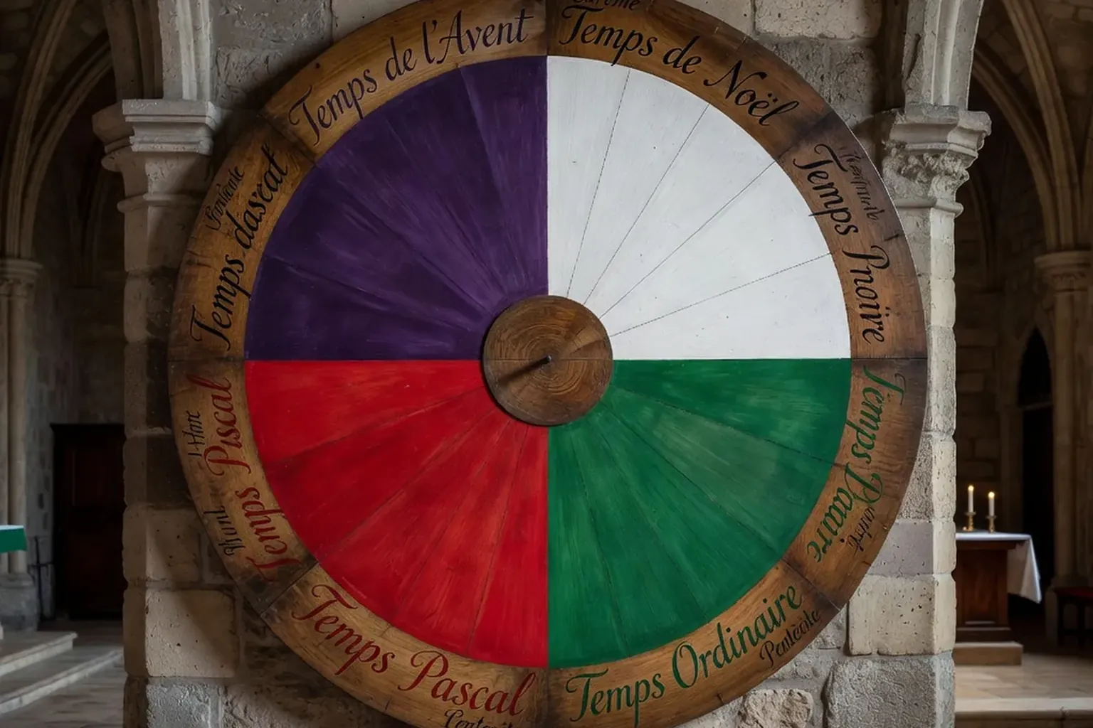 Lectionnaire ouvert sur l'évangile selon saint Luc, Bible et signet liturgique violet