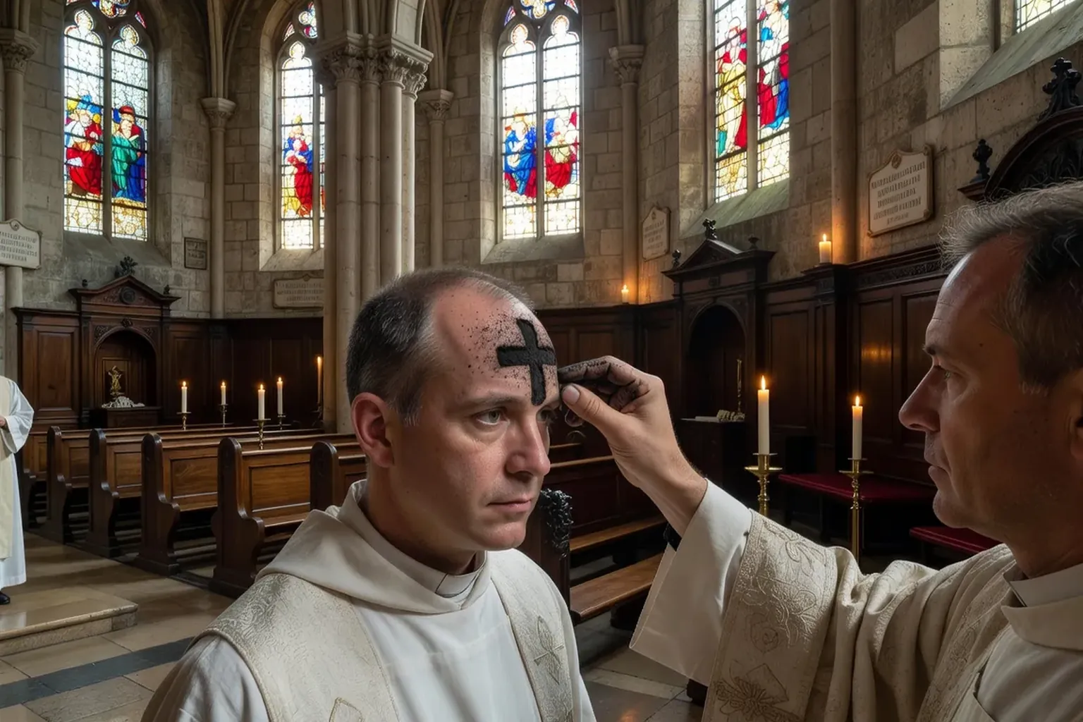 Cierge pascal préparé pour le Triduum, branches de buis et liturgie violet du Carême