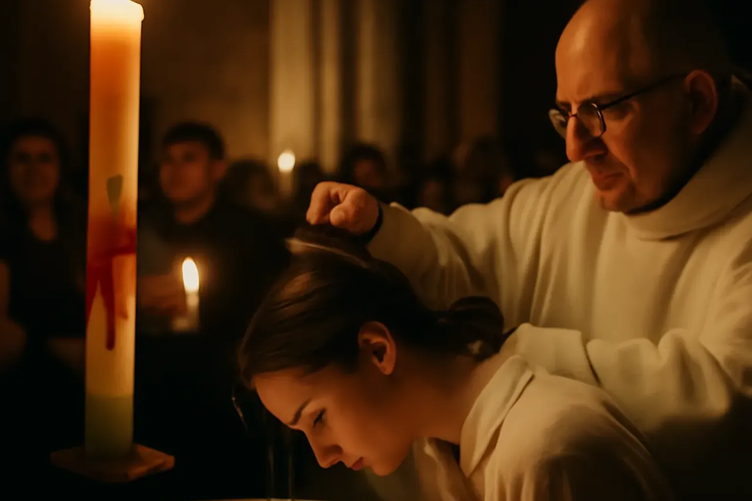 Groupe de catéchumènes adultes en cercle de prière dans une église, livret liturgique ouvert sur les genoux