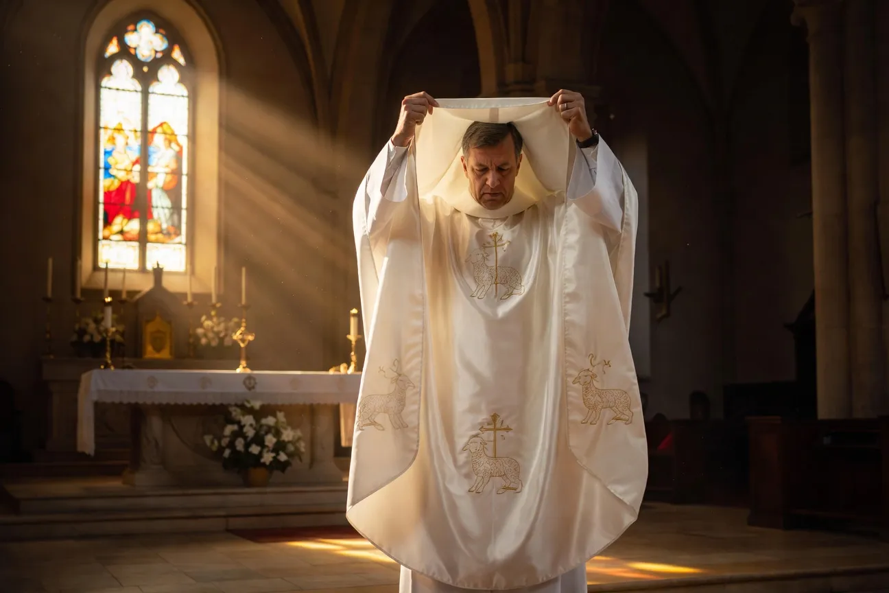 Prêtre revêtu d'une chasuble blanche lors d'une célébration pascale, lumière dorée de l'église, solennité de Pâques