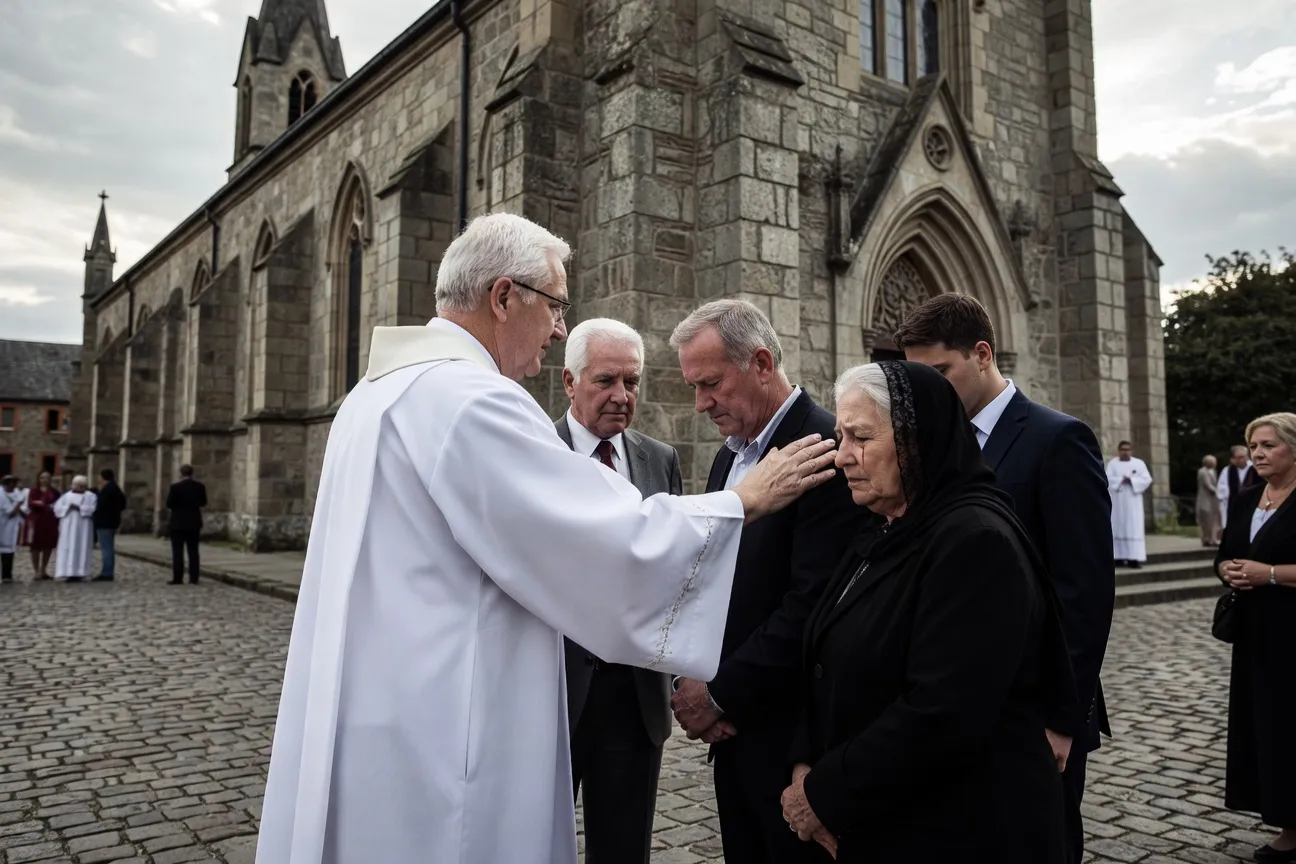 Diacre en aube accompagnant une famille endeuillée devant un cercueil, geste d'empathie, extérieur d'église