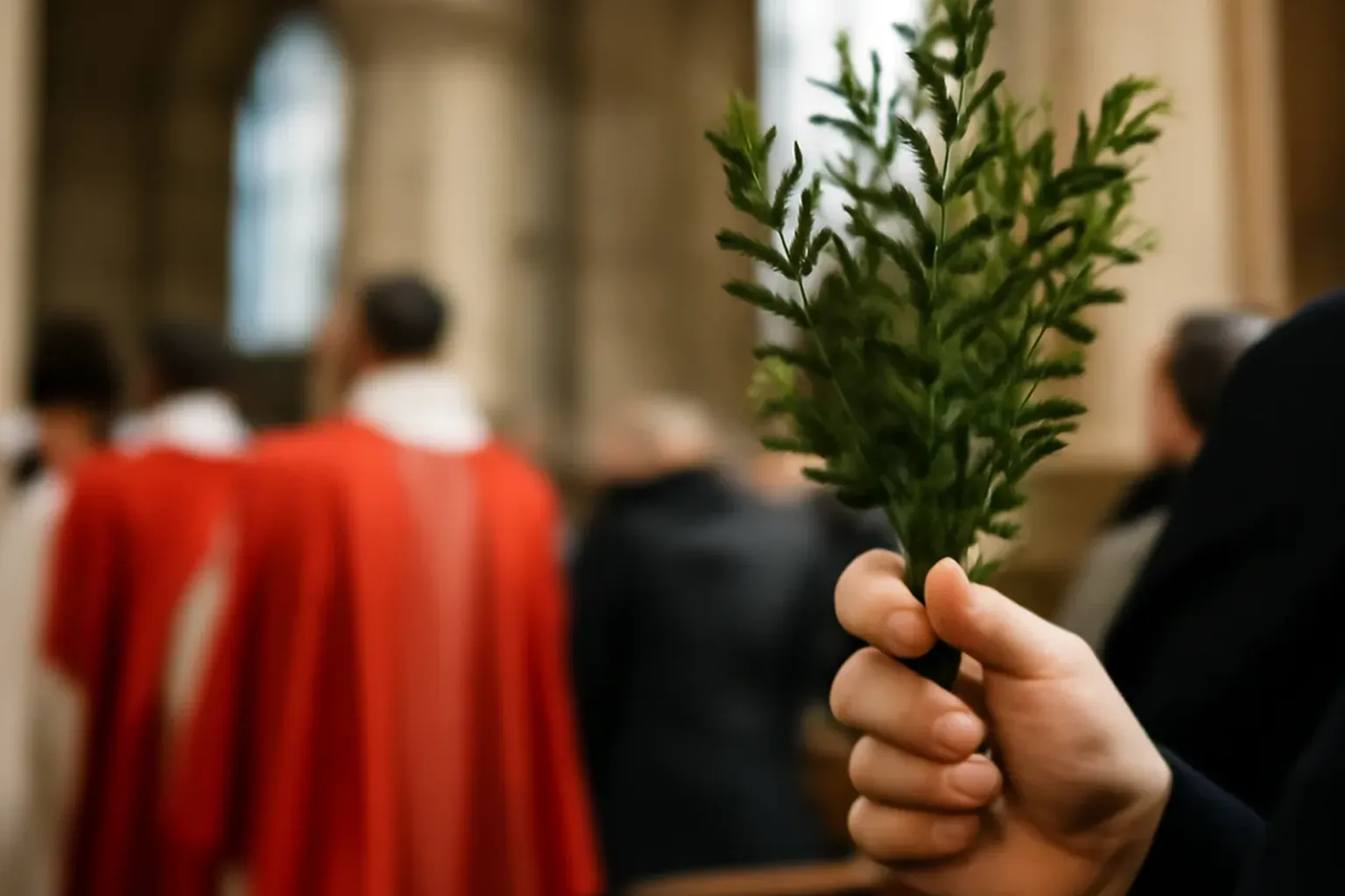 Procession de fidèles avec des rameaux entrant dans une église — liturgie commémorative