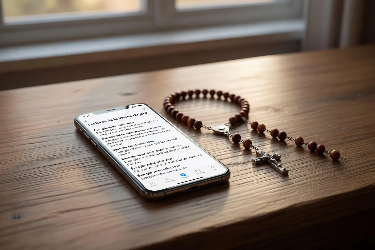 Gros plan d’un écran de smartphone affichant une application de prière catholique avec les lectures du jour, chapelet à côté