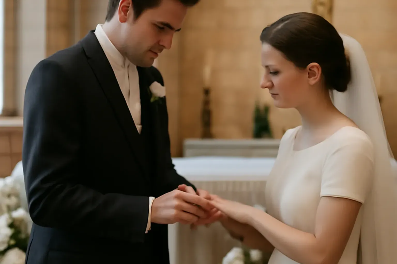 Couple en préparation au mariage assis dans une église, livret de préparation entre eux, lumière chaleureuse
