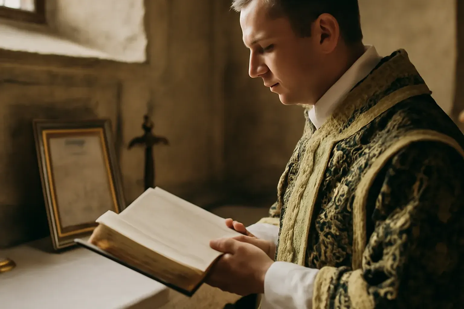 Missel romain ouvert sur l'autel d'une église, support de la liturgie en langue latine