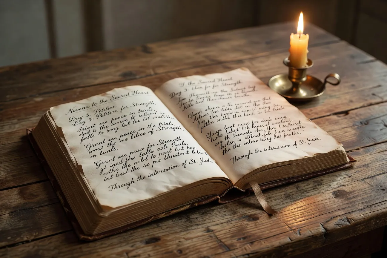 Livre de prière ouvert avec texte de la neuvaine de la Pentecôte, bougie allumée, atmosphère de dévotion