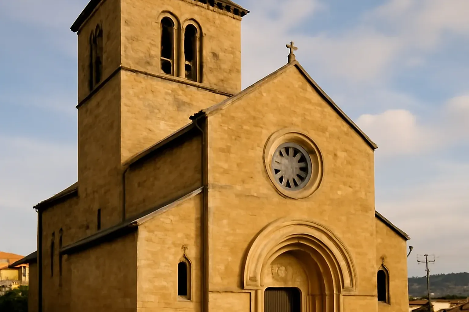 Clocher d'une église catholique dominant un paysage urbain industriel, ciel pastel, vallée du Rhône en contrebas