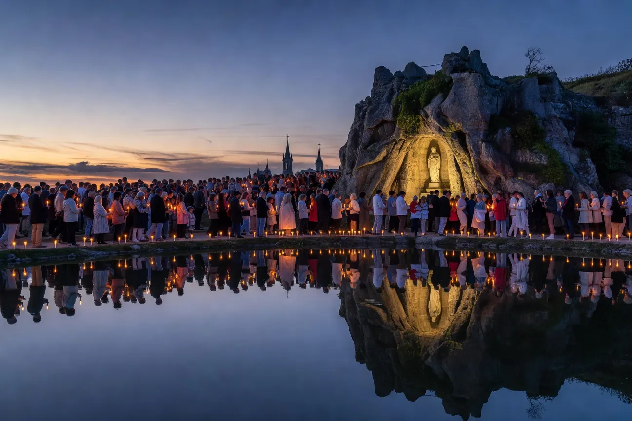 La grotte de Massabielle à Lourdes illuminée de cierges en procession, foule de pèlerins recueillis, ambiance nocturne spirituelle