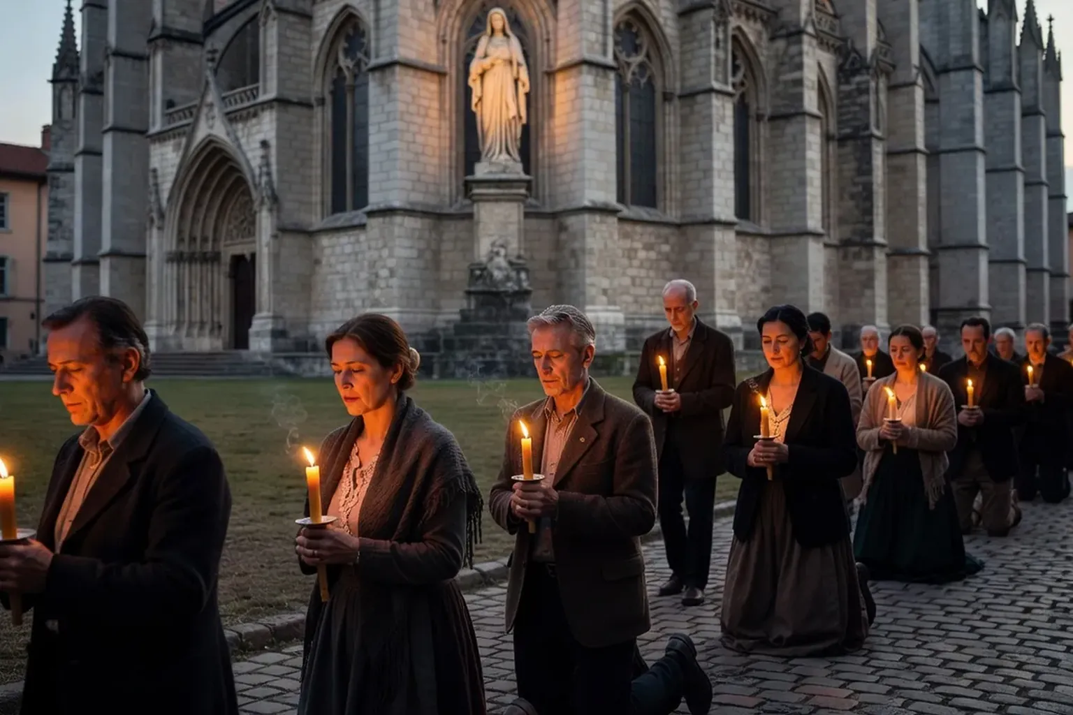 Procession aux flambeaux devant la basilique de Lourdes, foule de pèlerins, cierges allumés, ambiance recueillie