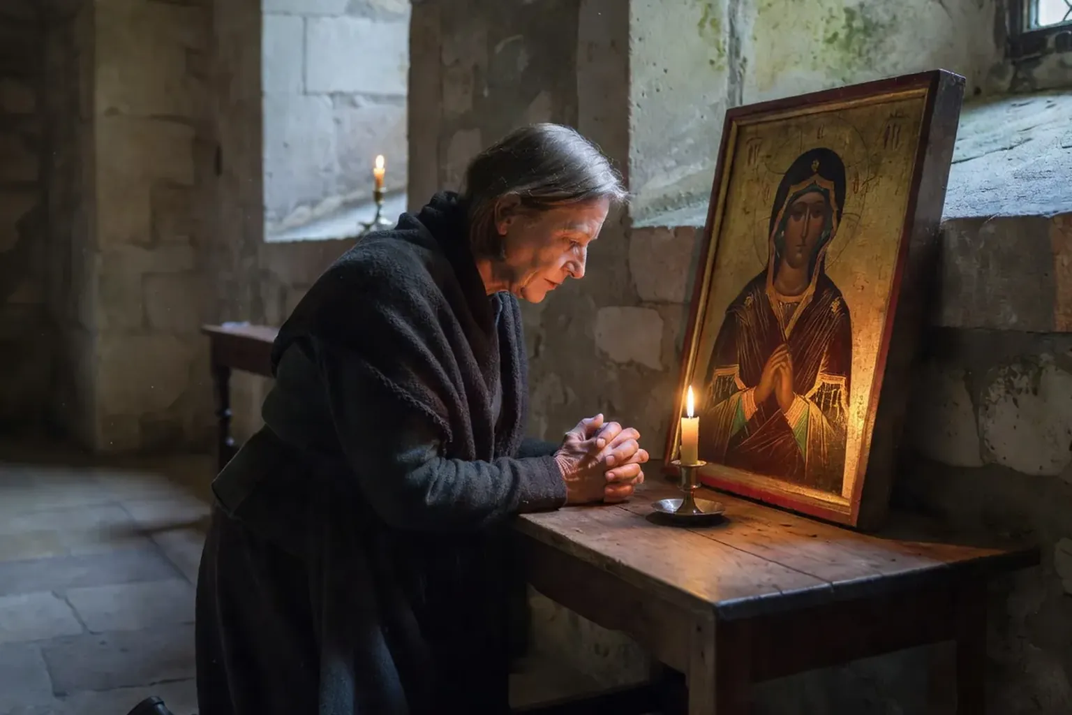 Bible ouverte et bougie sur une table — environnement simple pour la prière du matin