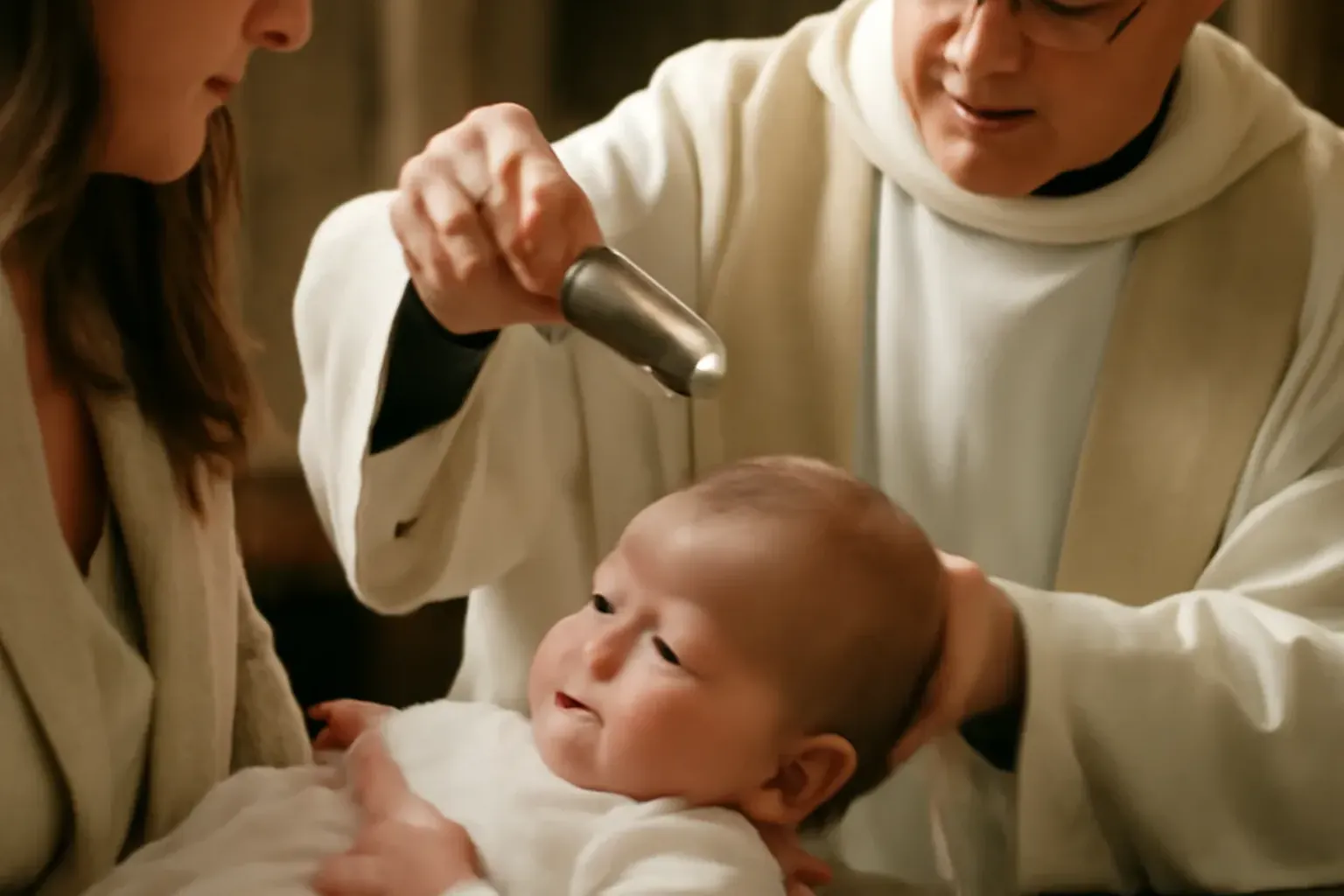Famille préparant le baptême avec un prêtre, échange en paroisse autour d'un livret de préparation