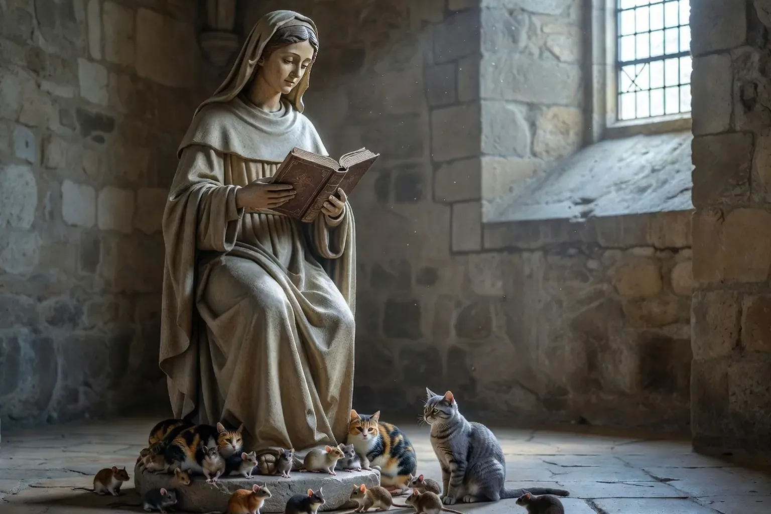 Vitrail évoquant l'abbesse Gertrude de Nivelles entourée de souris dans un monastère mérovingien