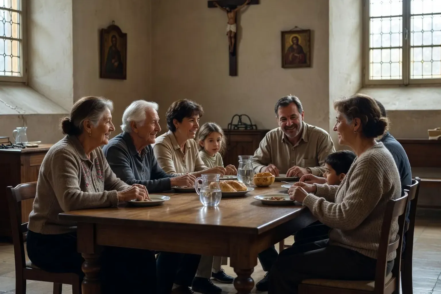Personnes âgées et enfants partageant un goûter dans une salle paroissiale — accompagnement intergénérationnel
