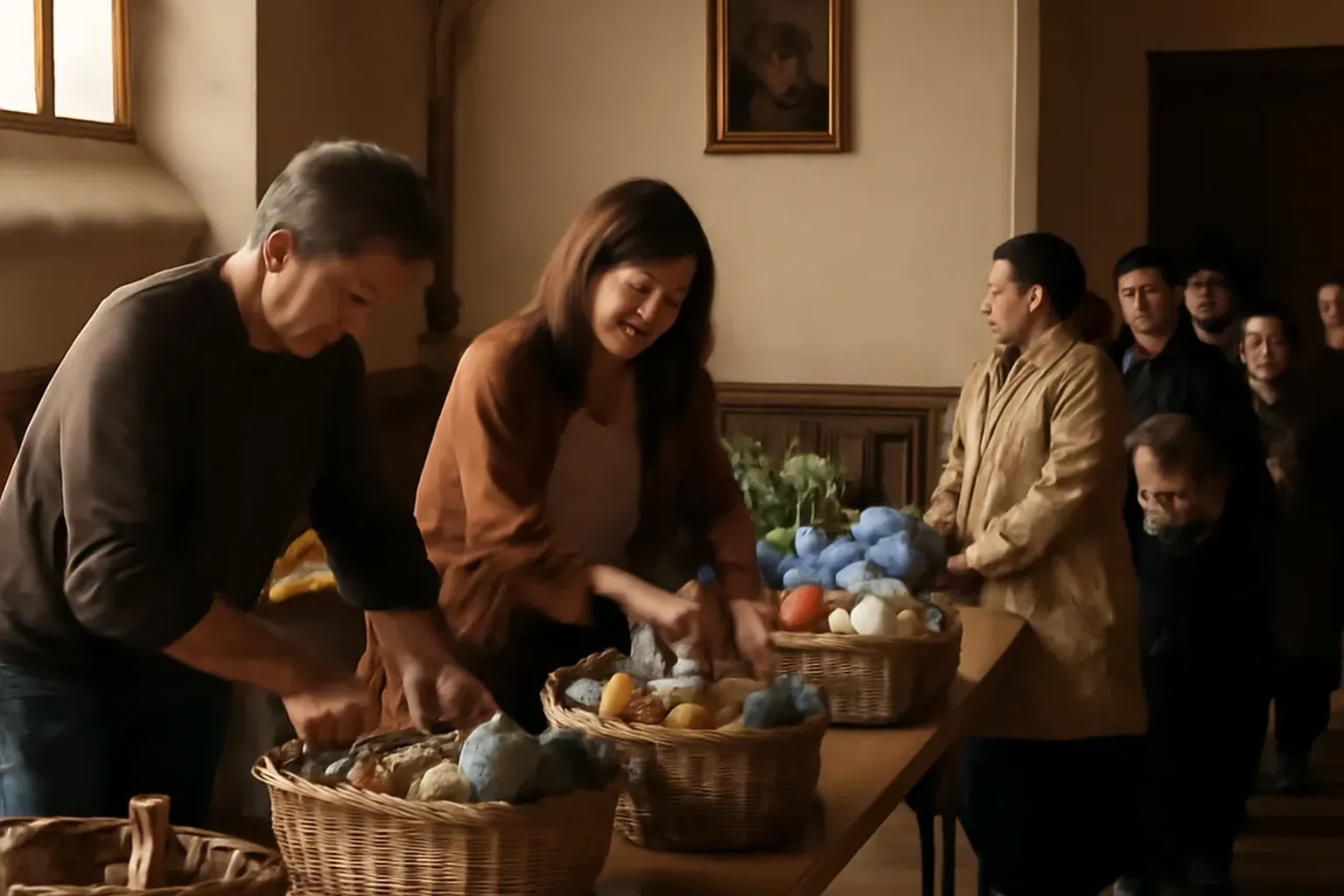 Bénévoles Caritas distribuant des colis alimentaires dans un local paroissial, familles attendant dans la dignité, ambiance chaleureuse de partage