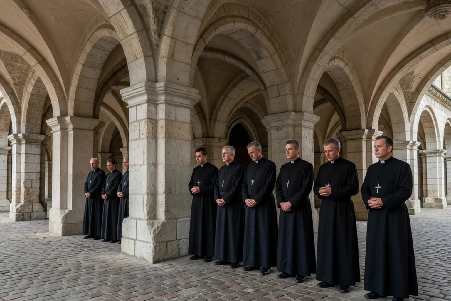 Pèlerins de toutes traditions priant en silence au pied d'une basilique — esprit d'Assise vivant